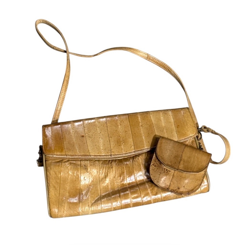 Vintage 1970s Tan Eel Skin Crossbody Bag & Coin Wallet Purse Set Exotic Leather